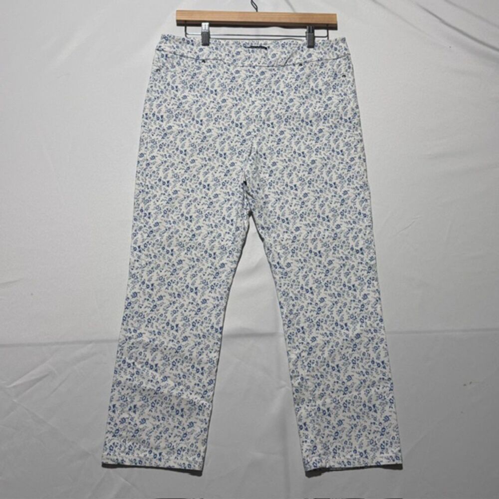 Mario Serrani Blue Floral Pull On Ankle Pants Size Large Stretch Crop